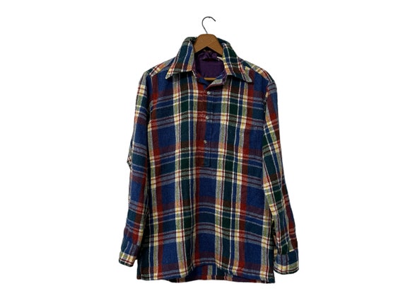 70s Tunic Flannel Wool Vintage Plaid Pullover Top Long Sleeve 3-Button Shirt Rust Blue Yellow White Green Size Small