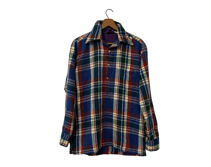 70s Tunic Flannel Wool Vintage Plaid Pullover Top Long Sleeve 3-Button Shirt Rust Blue Yellow White Green Size Small