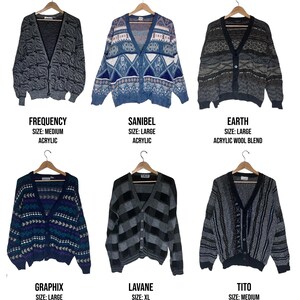 May include: Six vintage acrylic blend cardigans in various colors and patterns, displayed on wooden hangers. The cardigans include the names "FREQUENCY," "SANIBEL," "EARTH," "GRAPHIX," "LAVANE," and "TITO." Each cardigan has a size listed.