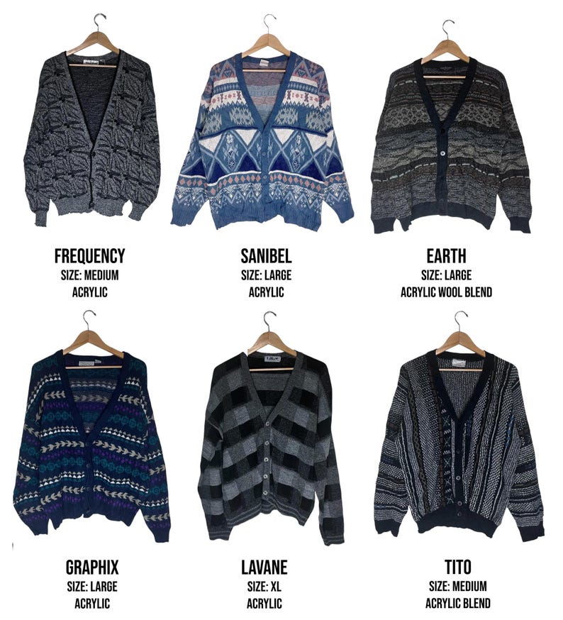 May include: Six vintage acrylic blend cardigans in various colors and patterns, displayed on wooden hangers. The cardigans include the names "FREQUENCY," "SANIBEL," "EARTH," "GRAPHIX," "LAVANE," and "TITO." Each cardigan has a size listed.