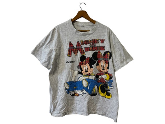 Vintage Mickey & Minnie Mouse Wisconsin Graphic Grey Red Plaid Printed Unisex T Shirt Adult Large