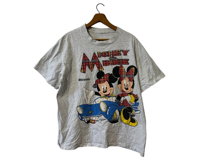 Vintage Mickey & Minnie Mouse Wisconsin Graphic Grey Red Plaid Printed Unisex T Shirt Adult Large