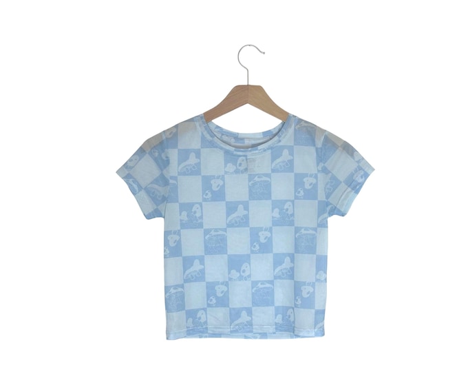 Mesh Smurfs Crop Top Shirt Blue Sheer See Through Cropped Tee Size Small