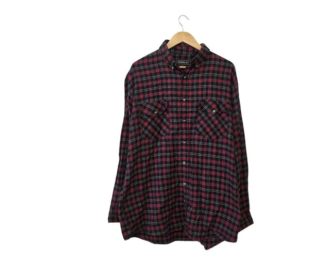 Extra Long Length Men's Vintage 90s Cotton Plaid Flannel Button-Down Shirt Black Red Teal Beige Bahama Bay Size Large