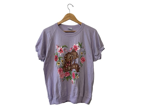 90's Cuddle Bears Floral Graphic Purple Puff Sleeve T-shirt Women's Large Basic Editions