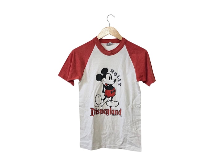 70s 80s Vintage Disneyland Walt Disney Productions Mickey Mouse White Red Ringer T Shirt Size Small Holly Name