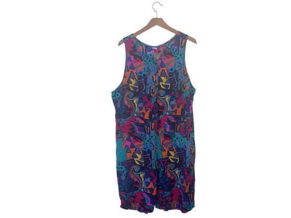 90s Colorful Abstract Jumper Onesie Overalls with Shorts and Tank Top Saved by the Bell Vintage 1990s Outfit Size 42 Romper