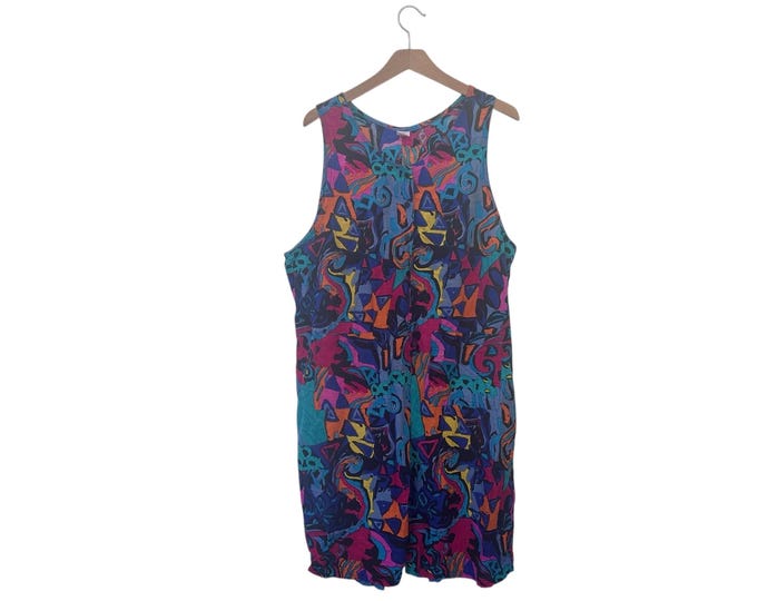 90s Colorful Abstract Jumper Onesie Overalls with Shorts and Tank Top Saved by the Bell Vintage 1990s Outfit Size 42 Romper