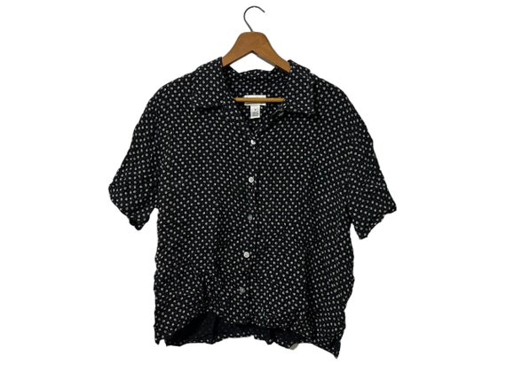 Floral Blouse Button Up Short Sleeve Talbots Vintage 90's Style Top Black with White Flower Design Women's Medium