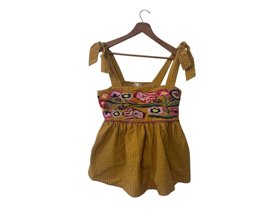 Colorful Floral Embroidered Yellow Spring Summer Tank Top Pinstriped Goldenrod Womens Medium
