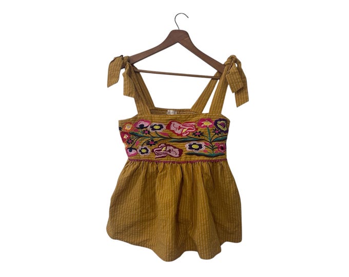 Colorful Floral Embroidered Yellow Spring Summer Tank Top Pinstriped Goldenrod Womens Medium