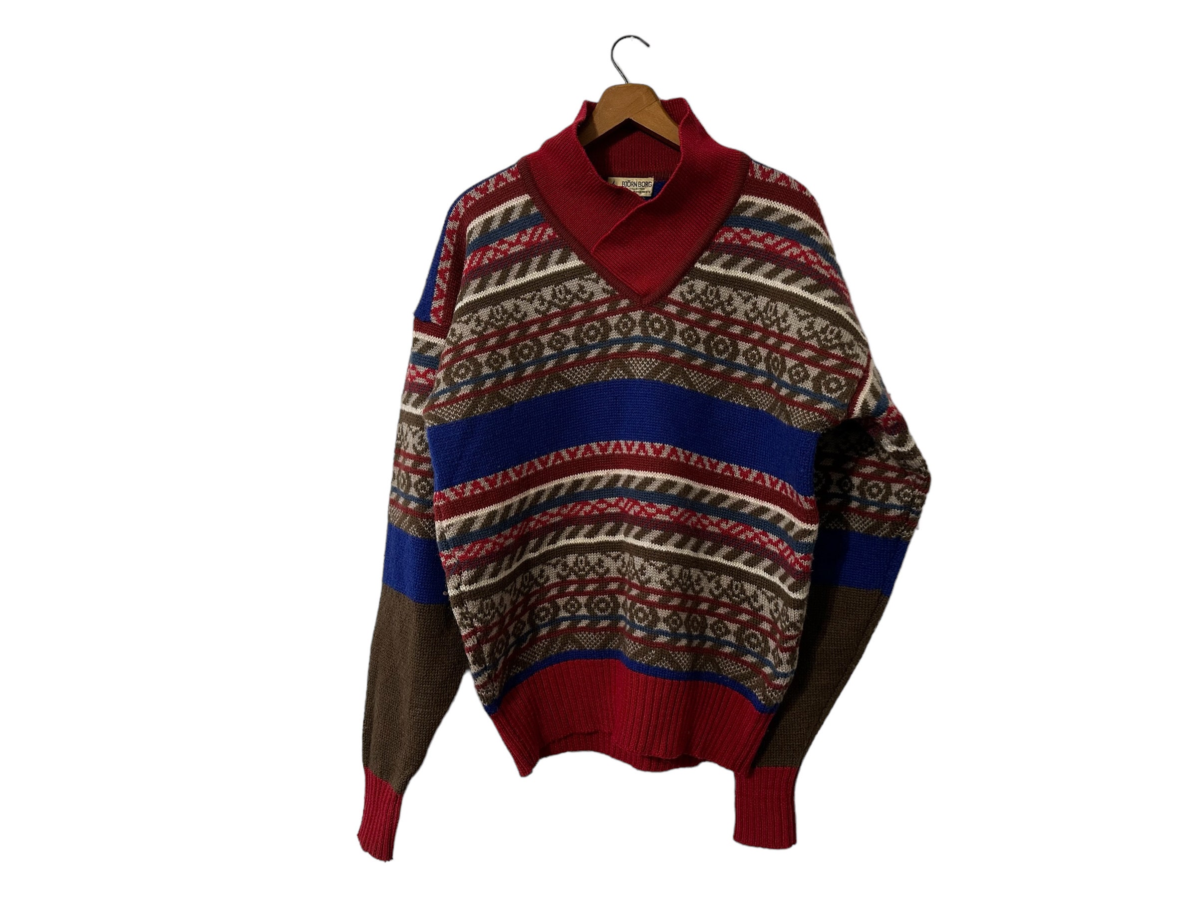 Vintage 80's Bjorn Borg Rohdi Heintz Collection 100% Wool Shawl Collar  Pullover Sweater Red Brown Blue White and Burgundy Men's Medium 