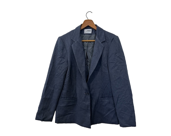Vintage Womens Blazer Jacket Coat Gray Blue Long Sleeve Pockets Size Medium