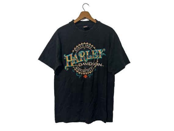 Vintage Harley Davidson Waipahu Hawaii South Seas Motorcycle Palm Trees Island T-Shirt Black Shortsleeve Orange Teal Graphic Adult Large
