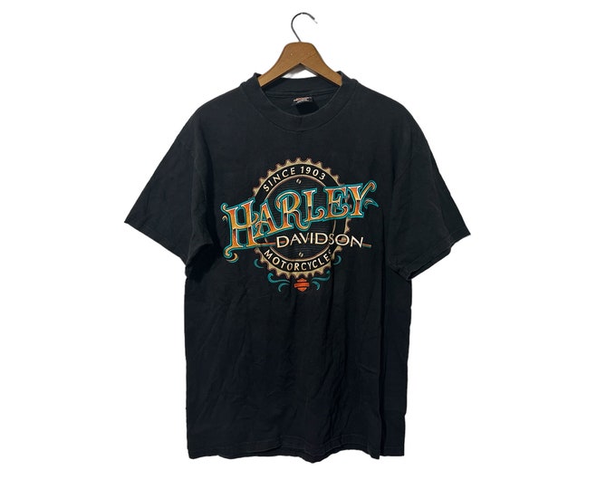 Vintage Harley Davidson Waipahu Hawaii South Seas Motorcycle Palm Trees Island T-Shirt Black Shortsleeve Orange Teal Graphic Adult Large