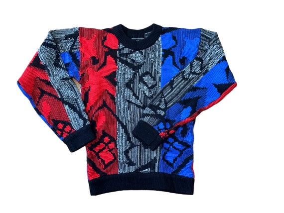 90s Kid Sweater Vintage Vivid Colorblock Abstract Patterned 80's 90's Pullover Black Red Blue Gray Long Sleeve Boy's Small