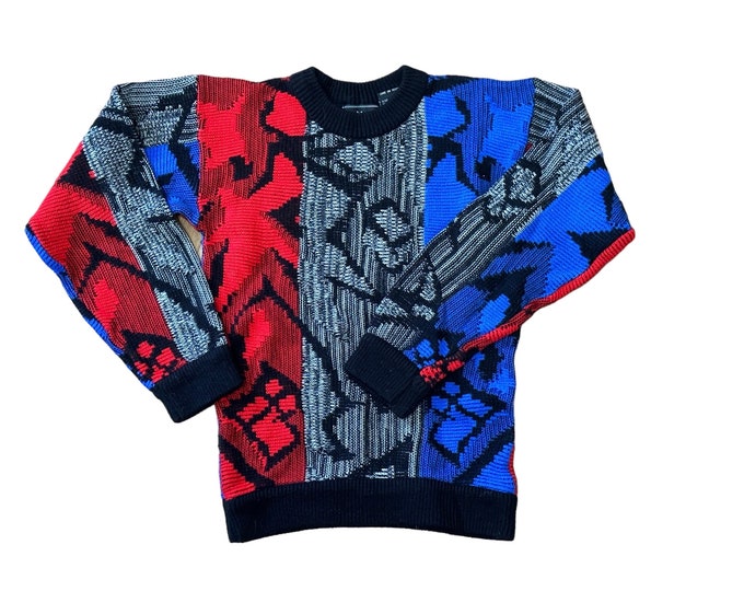 90s Kid Sweater Vintage Vivid Colorblock Abstract Patterned 80's 90's Pullover Black Red Blue Gray Long Sleeve Boy's Small