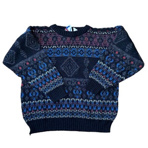 90&#39;s Kids Vintage Fair Isle Patterned Pullover Knit Sweater Black Blue Gray Red Boy&#39;s Small