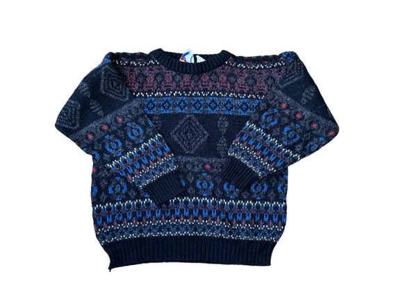 90's Kids Vintage Fair Isle Patterned Pullover Knit Sweater Black Blue Gray Red Boy's Small