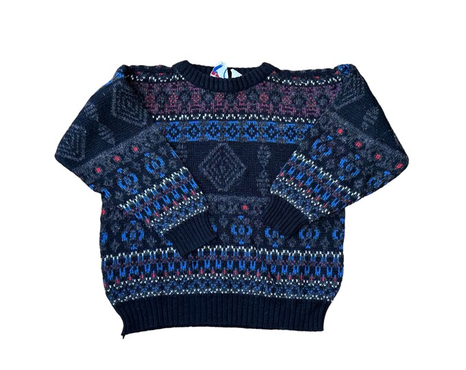 90's Kids Vintage Fair Isle Patterned Pullover Knit Sweater Black Blue Gray Red Boy's Small