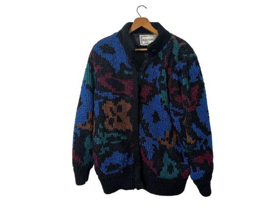 80's Colorful Abstract Pattern Zip-Up Knit Padded Jacket Lined Mock Neck Pockets Black Blue Teal Maroon Brown Women's Medium Fleetstreet