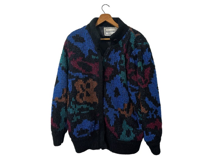 80's Colorful Abstract Pattern Zip-Up Knit Padded Jacket Lined Mock Neck Pockets Black Blue Teal Maroon Brown Women's Medium Fleetstreet