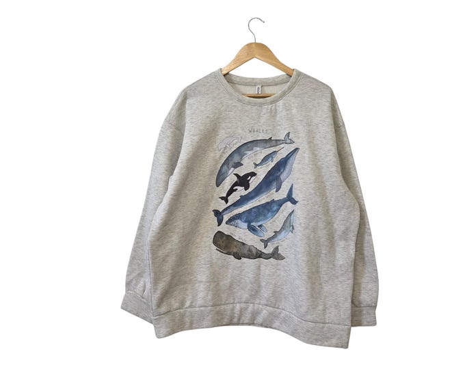 Whale Graphic Ocean Marine Life Nature Sweatshirt Gray Blue Whales Species Vintage Oversized Made in USA  Unisex 2X or 3X Plus Size