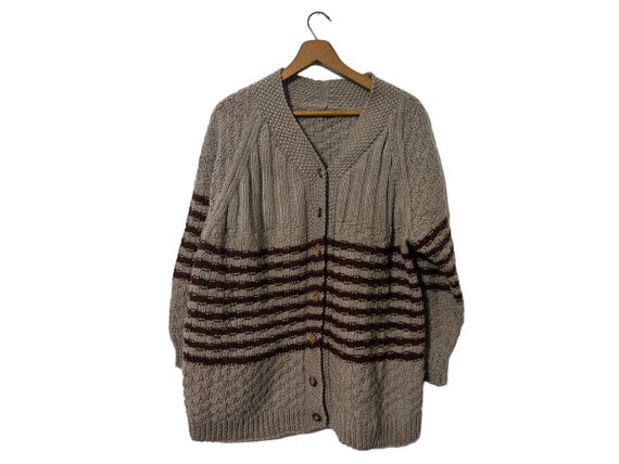 Vintage Brown Striped Knitted Cardigan Sweater with Wooden Buttons Womens Size XL