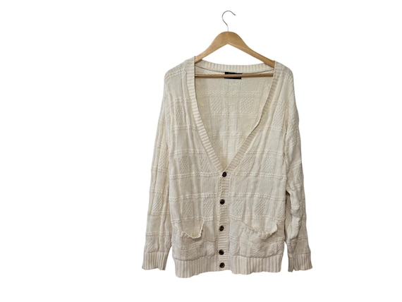Christian Dior Monsieur, Christian Dior Monsieur Vintage Distressed Cardigan Sweater Ivory Cable Knit 100% Cotton 80s 90s V-Neck Pockets Size Large Unisex