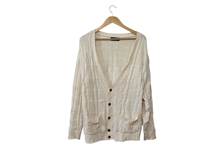 Christian Dior Monsieur Vintage Distressed Cardigan Sweater Ivory Cable Knit 100% Cotton 80s 90s V-Neck Pockets Size Large Unisex