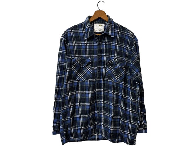 Vintage 80s Blue Plaid Flannel Button Down Long Sleeve Shirt with Pockets Blue White Navy Green Size Medium