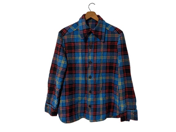 80's Vintage Colorful Plaid Flannel Shirt Blue Red Yellow Black Button Down Long Sleeve Adult Size Small
