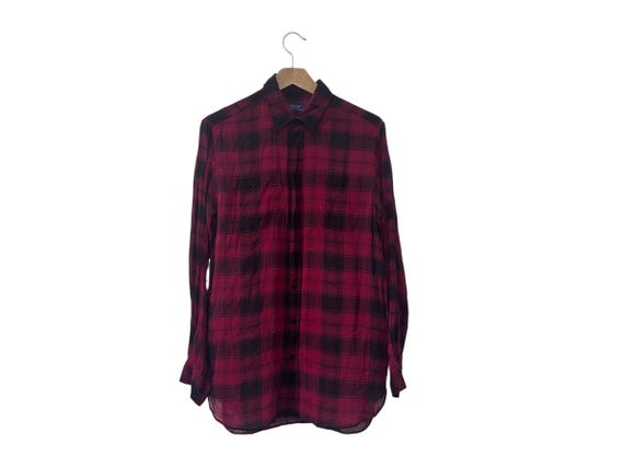 Sheer Silk Red Black Plaid Blouse Women's See Through Fabric Polo Ralph Lauren Size 14 Long Length Shirt
