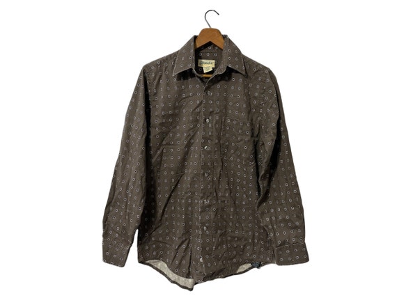 Vintage Brown Patterned Dress Shirt Mens Small Circle Print Spotted Button Down Shirt