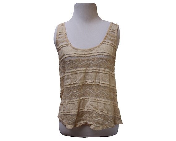 Sheer Cream & Gold Women's Lace Tank Top Size Small