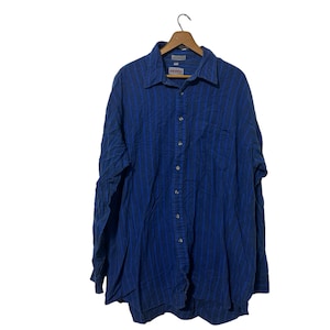 80s Vintage Men&#39;s Large Tall Striped Flannel Royal Blue Stripes Button Down with Chest Pocket Longsleeve Northwest Men&#39;s 2X XXL