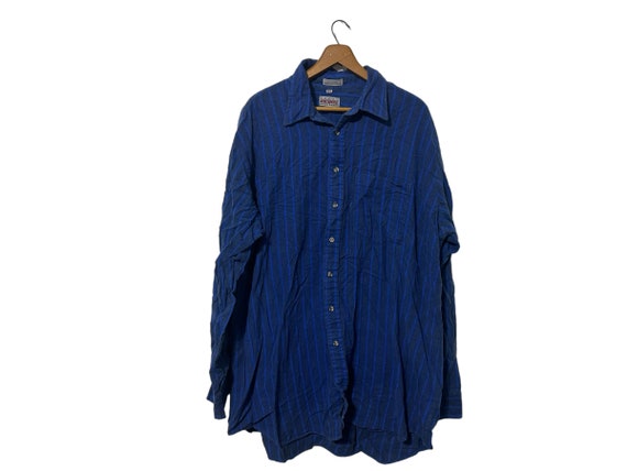 80s Vintage Men's Large Tall Striped Flannel Royal Blue Stripes Button Down with Chest Pocket Longsleeve Northwest Men's 2X XXL