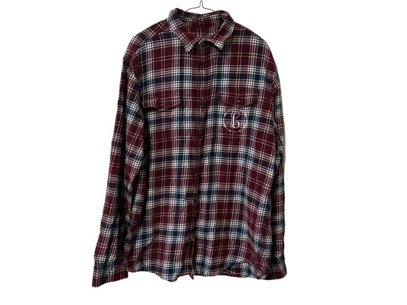 Letter L Monogrammed Flannel Shirt Burgundy Navy White Cotton Plaid button Down Shirt Unisex Size Large