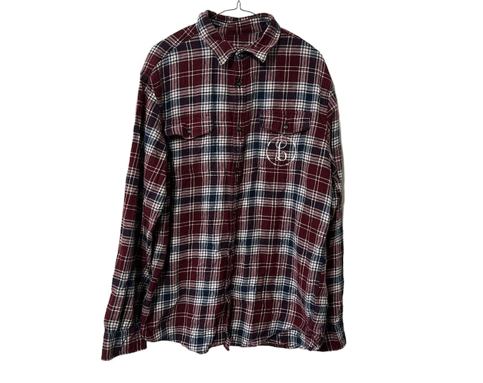 L Monogrammed Flannel Shirt Burgundy Navy White Cotton Plaid Button Down Plaid Unisex Size Large