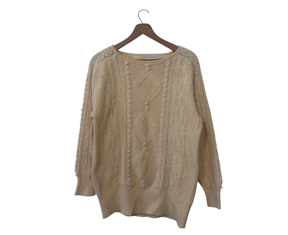Vintage Pearl Embellished Cable Knit Sweater Womens Size 10 Nancy Johnson Cream Colored Lambswool Angora Nylon Size Large with Minor Defects