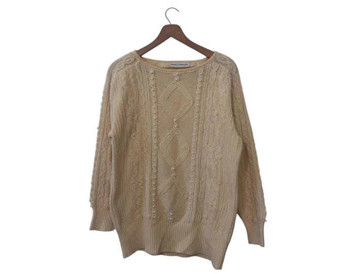 Vintage Pearl Embellished Cable Knit Sweater Womens Size 10 Nancy Johnson Cream Colored Lambswool Angora Nylon Size Large with Minor Defects