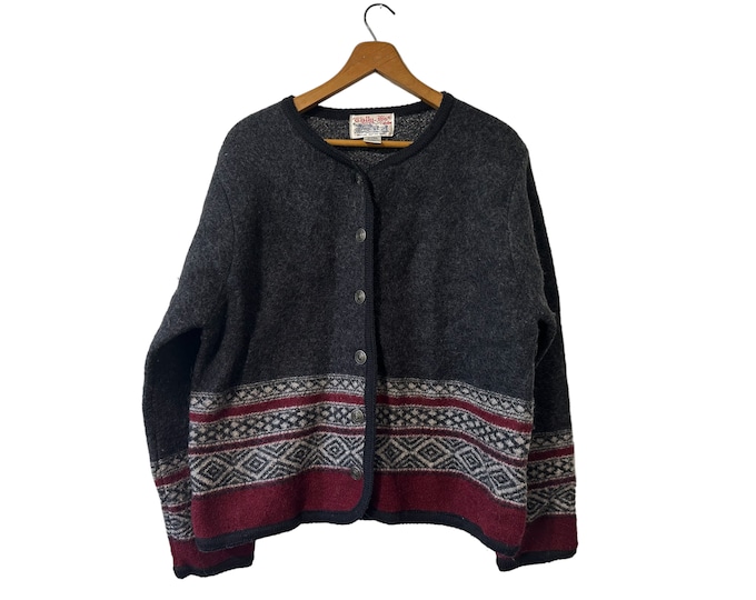 Vintage Tally-Ho Creation by Henry Pollak Inc. 100% Wool Gray Red White Black Metal Embellished Buttons Cardigan Sweater Womens Large
