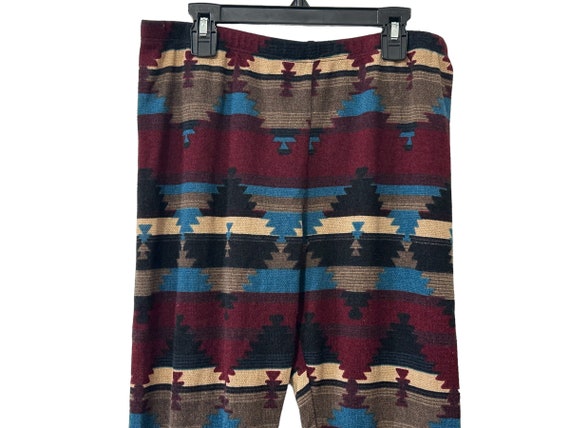 Southwestern Patterned Aztec Print Knit Stretch Leggings Burgundy Beige Brown Blue Black Boho Style Neutral Colors Women's Large