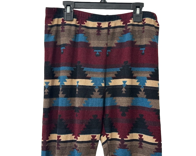 Southwestern Patterned Aztec Print Knit Stretch Leggings Burgundy Beige Brown Blue Black Boho Style Neutral Colors Women's Large