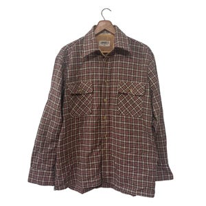 Vintage Wool Blend Flannel Beige Brown Gimbels 70s Plaid Shirt Mens Medium
