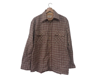 Vintage Wool Blend Flannel Beige Brown Gimbels 70s Plaid Shirt Mens Medium