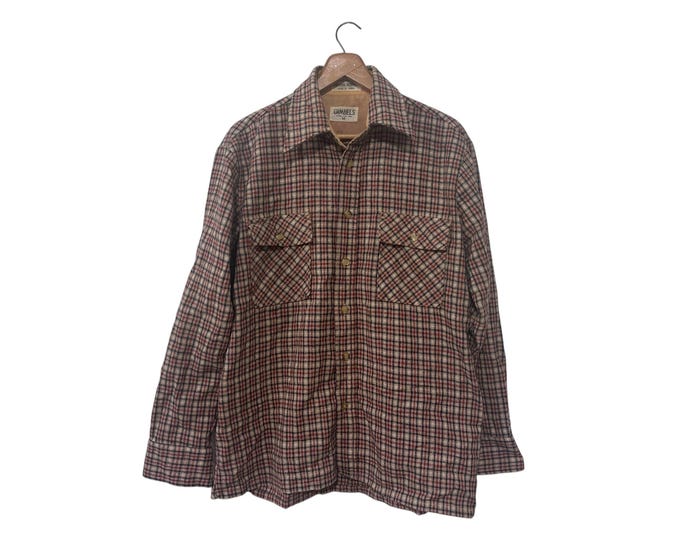 Vintage Wool Blend Flannel Beige Brown Gimbels 70s Plaid Shirt Mens Medium