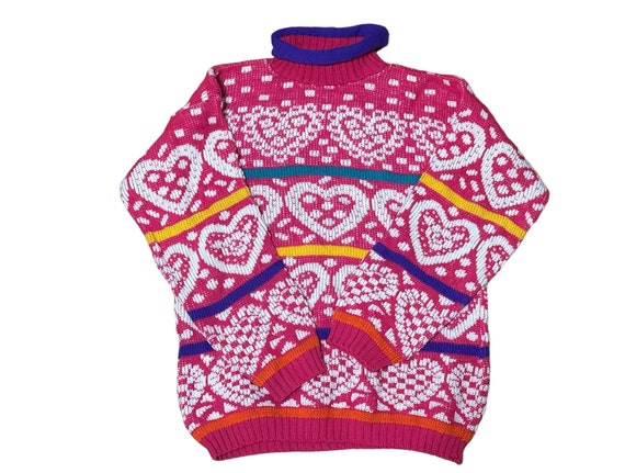 Kid's 90's Vintage Knit Heart Pattern Pullover Sweater Turtleneck Neon Pink White Turquoise Purple Yellow Stripes Girl's Medium