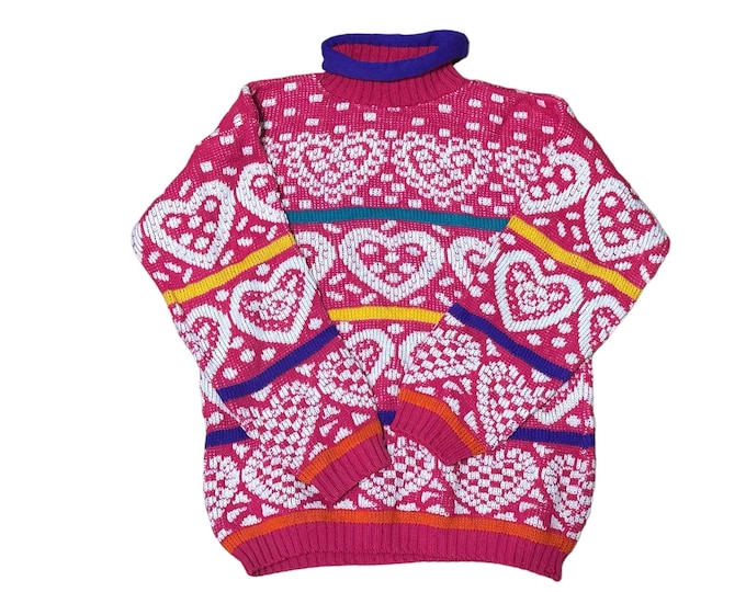 Kid's 90's Vintage Knit Heart Pattern Pullover Sweater Turtleneck Neon Pink White Turquoise Purple Yellow Stripes Girl's Medium