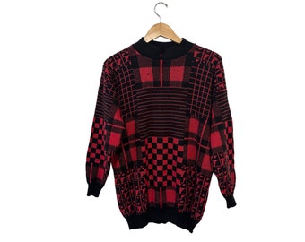 80s Mixed Plaid Patterned Knit Pullover Sweater University of Georgia Red Black Long Sleeve Mock Neck Collared Size Large XL